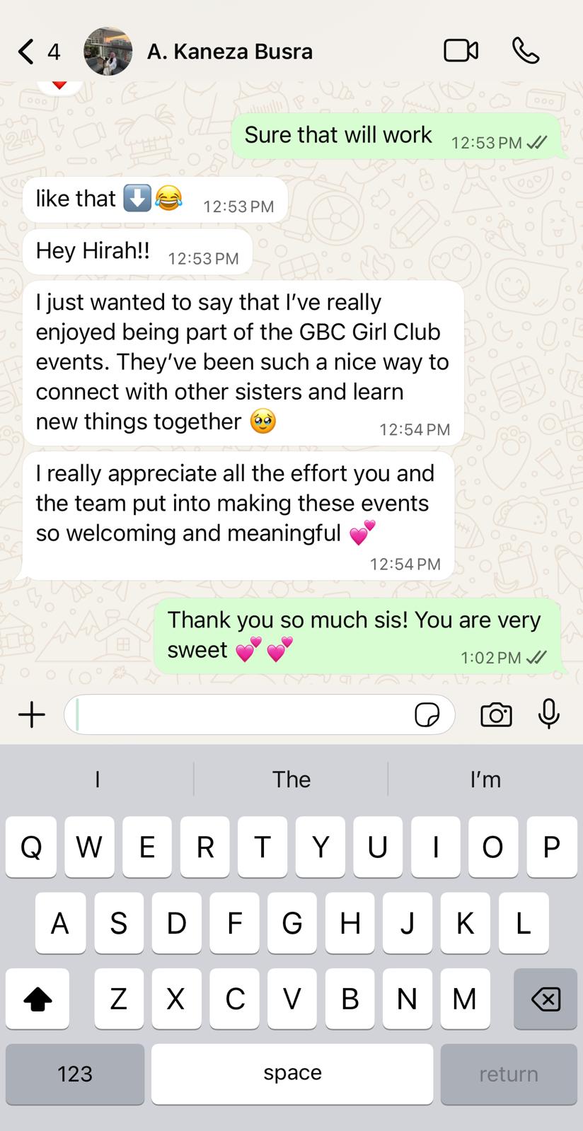 5-star testimonial card from Rehab Marzouk Mahmoud on a soft floral notebook background